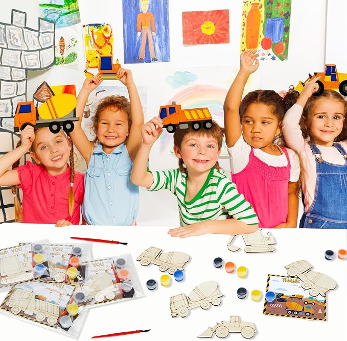 24 Set Construction Birthday Party Supplies, Trucks Parties Craft Construction Theme Birthday Paint Party Favors with Wooden Painting Crafts, Thank You Cards, Paints, Brushes and Bags Decorations