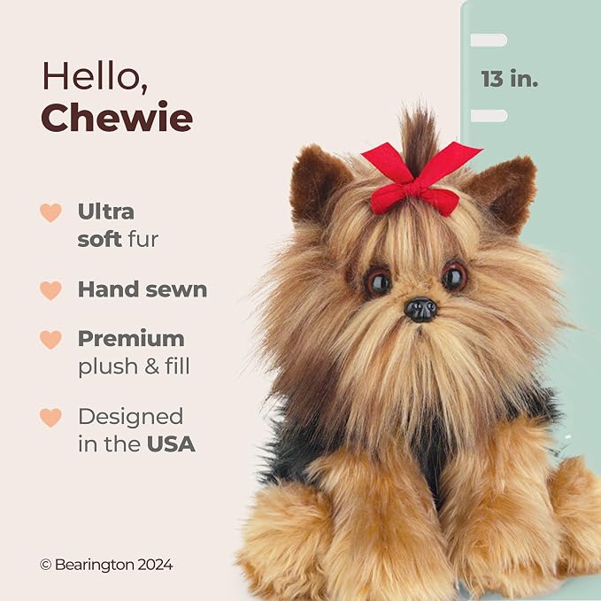 Bearington Chewie the Yorkie Stuffed Dog Plush Toy - 13" Soft Cuddly Yorkshire Terrier with Realistic Fur and Floppy Body - Adorable Yorkie Plush Gift for Kids, Girls, Women, and Dog Lovers