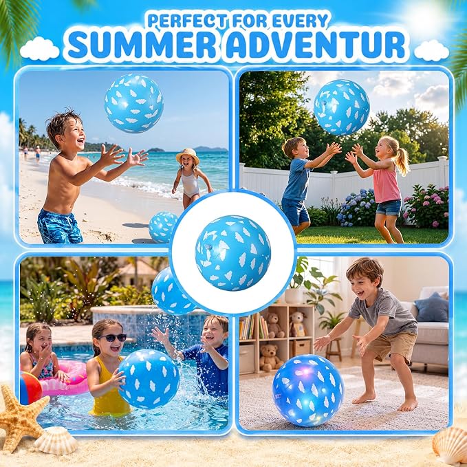 Vinsot 12 Pack Light up Inflatable Beach Ball 7.87" Blue Sky White Clouds LED Beach Balls for Kids, Motion Activated Glow in The Dark Swimming Pool Toys, Birthday Party Favors