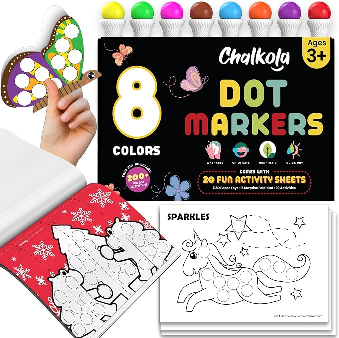 Chalkola 8 Washable Dot Markers for Toddlers | with 20 Page Coloring Activity Book Kit, Bingo Daubers | Preschool Paint Dot Art Set - Toddler Arts and Crafts Supplies for Kids Ages Above 3 Years Old