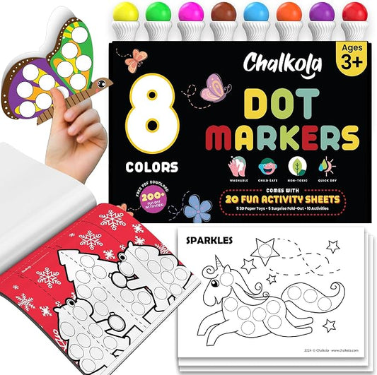 Chalkola 8 Washable Dot Markers for Toddlers | with 20 Page Coloring Activity Book Kit, Bingo Daubers | Preschool Paint Dot Art Set - Toddler Arts and Crafts Supplies for Kids Ages Above 3 Years Old