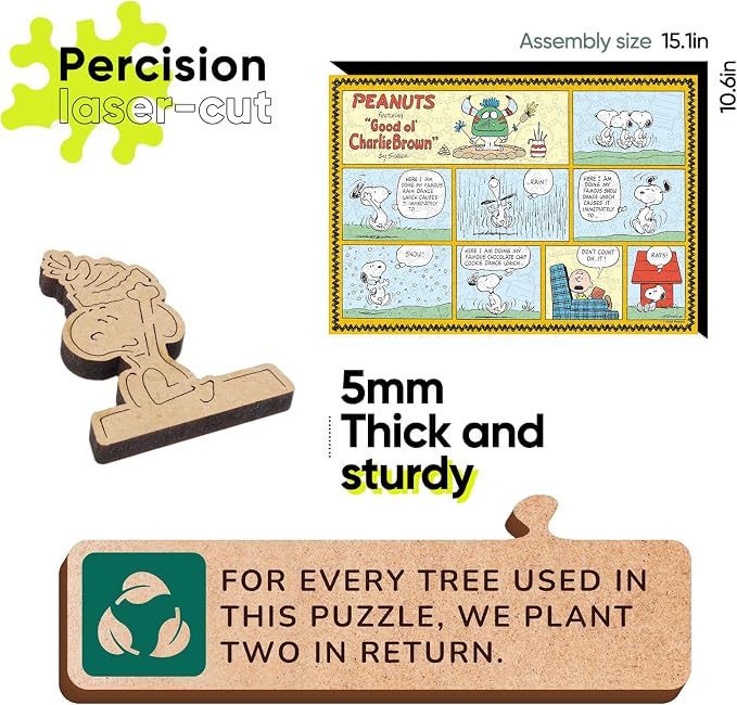 Peanuts Puzzles for Adults – Charlie Brown Wooden Puzzles, 300 Pieces Unique Shaped Jigsaw Puzzles, Snoopy Gifts for Women, 5MM Thick, Officially Licensed Merchandise – Good Ol Comic, 15.1" x 10.6"