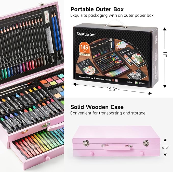 Shuttle Art 149 Piece Deluxe Art Set, Art Supplies in Wooden Case, Painting Drawing Art Kit with Crayons Colored Pencils Oil Pastels Coloring Book Sketch Pad for Kids Adults