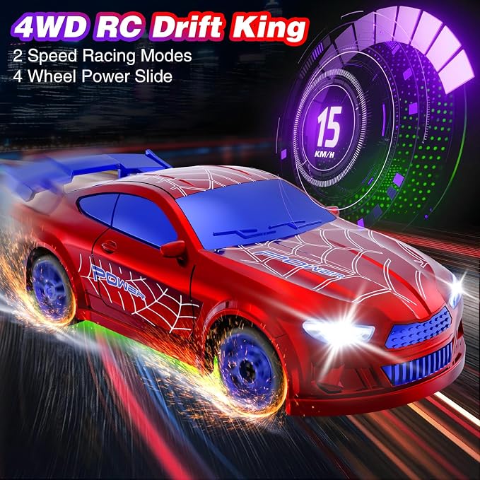 Mini RC Drift Car 1:64 Scale, Remote Control Car with LED Lights & 2-Speed Modes, 2.4GHz Stunt Drifting RC Toys with 4 Obstacles, Hobby Gift for Kids & Adults, Red