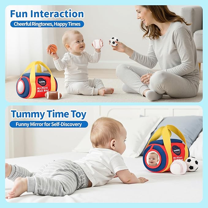 Baby Boy Toys 6-12 Months – My First Sports Bag Musical Infant Toys with 4 Sensory Balls – Basketball, Football, Baseball, Soccer – Rattle, Squeaker, Mirror for 3-6-9-12 Month Old Baby Christmas Gifts