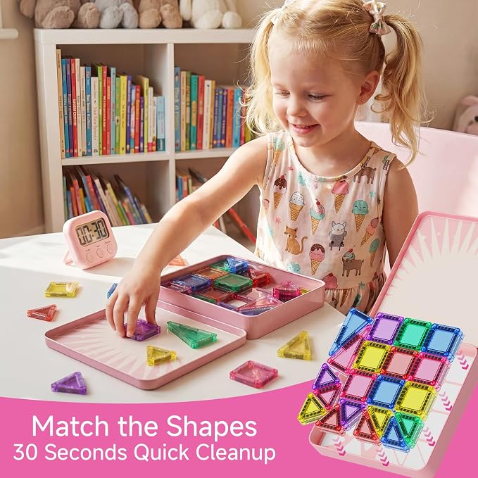 Mini Magnetic Tiles for Girls Travel: 60 PCS Pink Magnet Building Blocks in Tin Box to Stop Crying - 60 Mins Quiet Play 30s Cleanup Toy - Car Airplane Essentials Ages 3-8