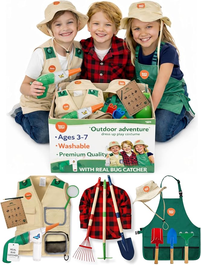 Born Toys 3-in-1 Toddler Dress Up Clothes for Boys & Girls Ages 3-7, Pretend Play Career Outdoor Adventure Set