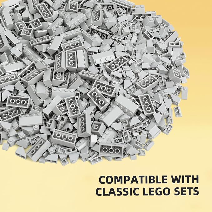 800 Pieces Building Bricks, 5 Sizes Building Pieces, Classic Slope Block Bulks - Compatible with All Major Brands, Light Grey