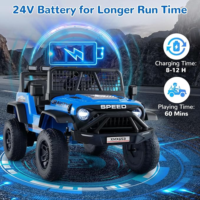 OLAKIDS 24V Ride on Car with Remote Control, Bluetooth, LED Lights, Horn, Spring Suspension, High/Low Speeds, Soft Start for Kids Aged 3+ (Blue)