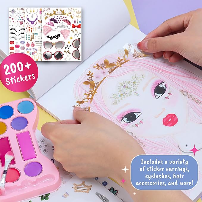 BSCOOL Make-up Artist. 3 in 1 Fun Makeup, Sticker, Coloring Kit, Includes Color Pencils, Makeup Palette, and 200+ Stickers. for Girls Ages 5,6,7,8. Make Up Style Coloring Book. Gift for Girls