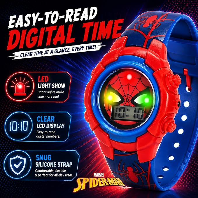 Marvel Spider-Man Kids Watches – Digital Display, Interactive Features, Adjustable Strap, Vibrant Spider-Man Graphics, Durable for Active Kids