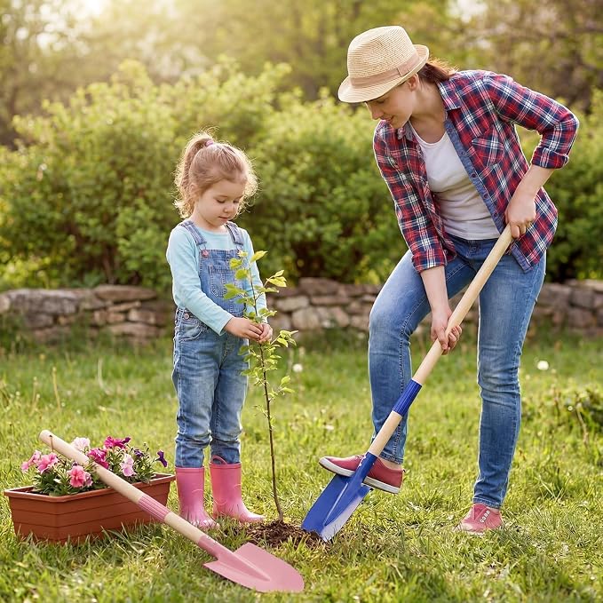 4 Pcs Detachable Kids Beach Shovels, 27" Long Kids Gardening Tools Bulk Metal Sand Shovels with Wooden Handle for Digging Shoveling Sand Snow Gardening Tools Beach Toys Gifts (Blue, Pink)