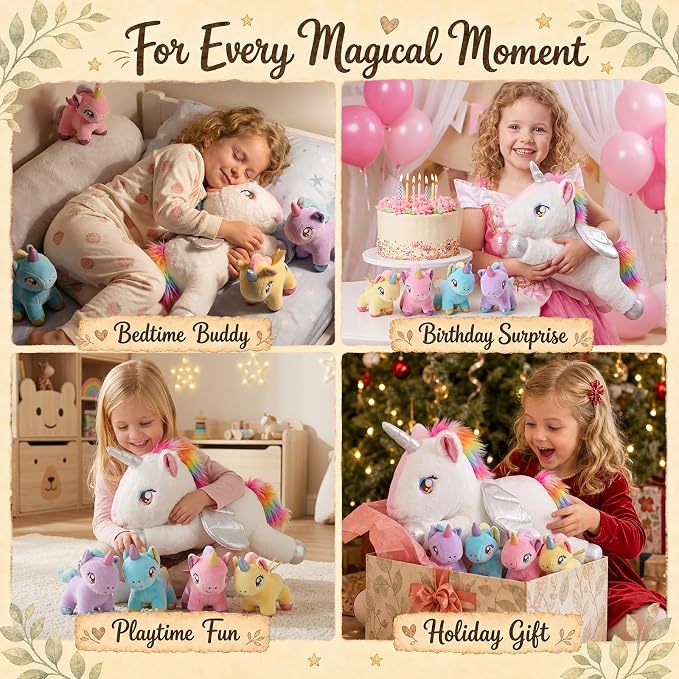 gnomantic Unicorn Stuffed Animals with Babies Inside, Mommy Toy for Kids | 5-Piece set: 1 mommy unicorn + 4 baby unicorns inside. Unzip belly to reveal surprise babies. Ultra-soft, ages 3-8.