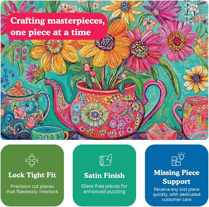 Cross & Glory - The Colorful Teapot Garden - 1000 Piece Jigsaw Puzzle for Adults | Best New Floral Artwork Puzzle | Relaxing and Intricate Puzzle Experience
