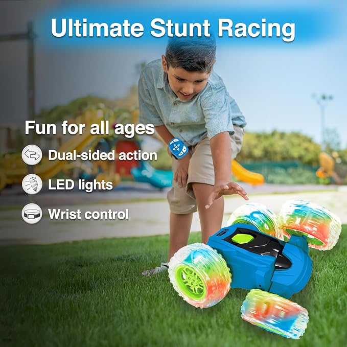 Contixo SC3 RC Stunt Car, Blue 2.4GHz 4WD Double-Sided 360° Rotating flip Racer Remote Control Toy Cars with LED Lights for Kids Girls Boys Age 4-12 Birthday Gift
