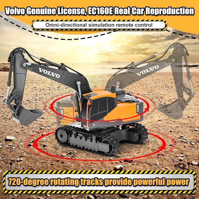 Double E Volvo Licensed Remote Control Excavator Toy, 2.4GHz All‑Terrain Sand-Ready Construction Vehicle with 360° Spin & 330° Cab Rotation, Rechargeable, Dig & Unload, STEM Birthday Gift for Kids 3+
