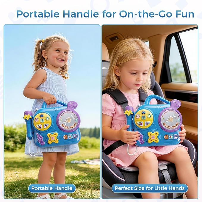 Kids Karaoke Machine with Microphone: Toddler Music Player & Light-Up Drum - Sound Toy with Handle for Boys Girls 3+, Blue