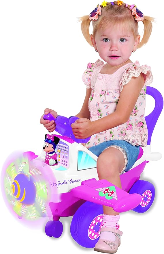 Kiddieland Disney My First Minnie Ride-On Plane Toy with Music, Lights & Sounds, Steering Wheel, 360° Turning, Horn, Foot-to-Floor Toddler Vehicle