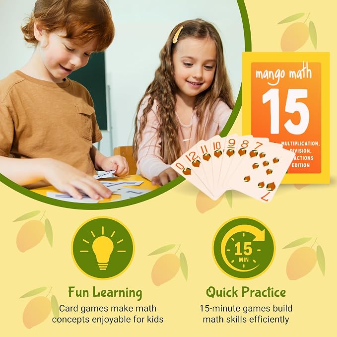 MANGO Math 15® - Math Flash Cards - Educational Math Games for Kids - Multiplication, Division, Fractions Learning Kit -2nd 3rd 4th Grades - Kids 6-12 - Set of 15 Games - English Version
