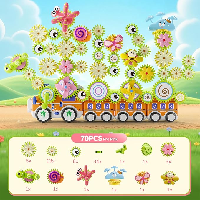 Gears Building Toys for Kids Ages 3+, STEM Construction Set for Toddlers, Train and Flower Models with Electric & Manual Modes, Lights and Music, DIY Educational Learning Toys Gift for Boys and Girls