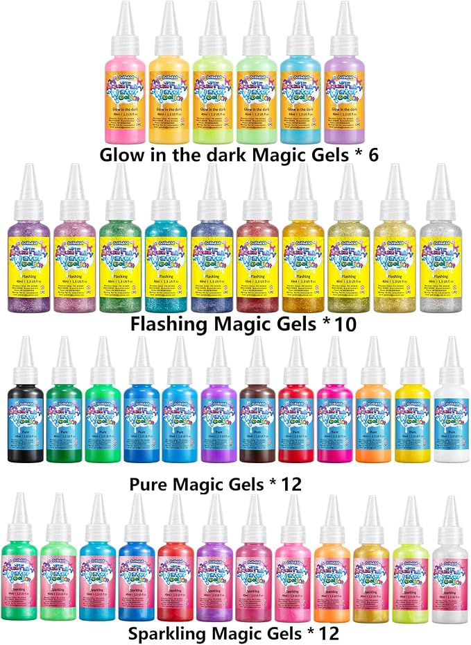 Golinkid Magic Water Elf Toy Kit for Kids, 40 Bottles Aqua Fairy Water Gel Kit, 4 Style Magic Water Kits with 24 Molds 10 Pack of Magic Powder, Crate Your Own Water Pets Craft Kits（40 Colors）