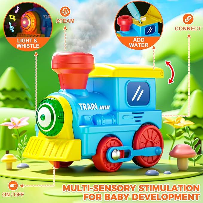 Train Set for Toddlers with Steam, Music, Lights and 3 Animal Cars | Electric train fun meets animal play with music, lights and a playful steam effect.