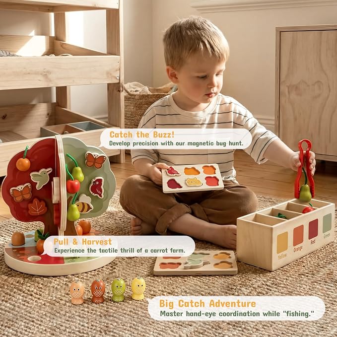 Joyreal Montessori Toys for 3-5 Year Old - 9-in-1 Wooden Magnetic Apple Tree Toy with Radish Pulling Fishing Game, Fine Motor Skills Sensory Educational Toy for Toddlers, Preschool Gift for Boys Girls