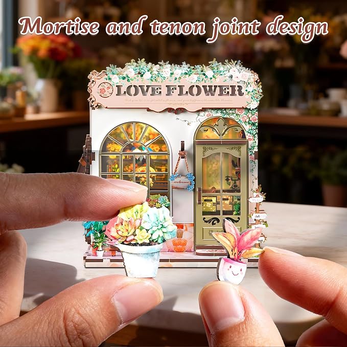 DIY Miniature House Kit, Flower Shop Book Nook Kit, Mini House Building Kit, Miniature Dollhouse Kit for Adults and Teens, 3D Wooden Puzzles with LED Light, Bookshelf Craft Kit for Family and Friends