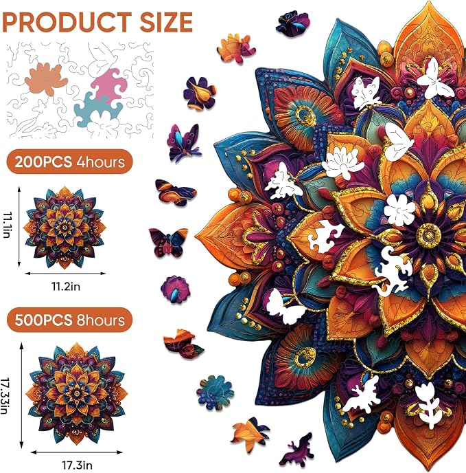 Mys Aurora Purple Mandala Puzzles for Adults 500 Pieces, Colorful Flower Jigsaw Puzzles, Unique Shaped Round Wooden Puzzles for Adults and Kids, Birthday Gift and Family Game, 16.4 x 16.4 Inches