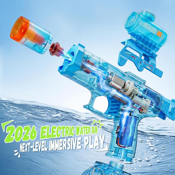 Electric Water Gun for Kids Automatic Squirt Gun with LED Flame Effect & Realistic Slide Action, Lightweight Rechargeable Water Blaster for Outdoor Summer Pool Beach Night Toys