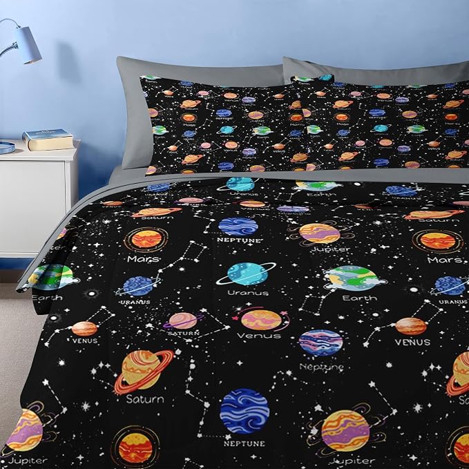Nesker 7 Pcs Comforter Set Full Size, Cute Space Galaxy Bedding for Kids Teen, Planets Moon Stars with Fitted Sheet 2 Pillowcases & 2 Shams for Bedroom Bed Decor