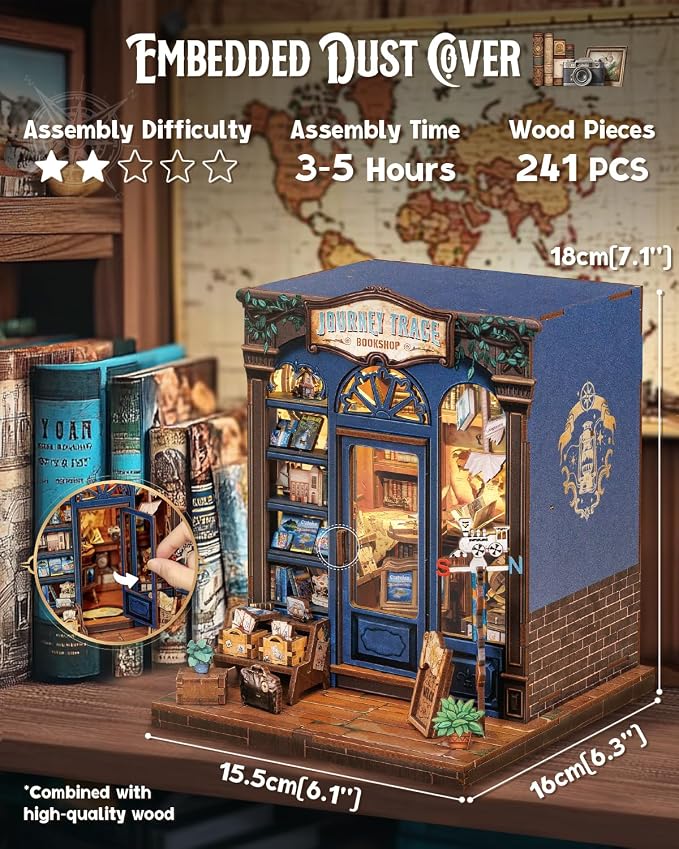Cutefun Book Nook Kit - DIY Miniature Dollhouse Booknook Kit for Adults and Teens, 3D Wooden Puzzle Bookshelf Insert Decor with LED Light, Gifts for Book Lovers and Beginners (Journey Trace Bookshop)