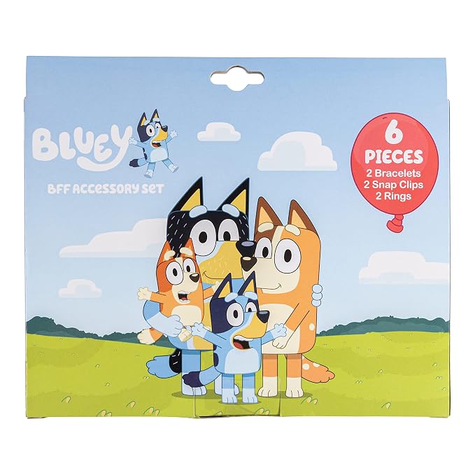 LUV HER Bluey Girls BFF 6 Piece Toy Jewelry Box Set with 2 Rings, 2 Bead Bracelets and Snap Hair Clips Ages 3+
