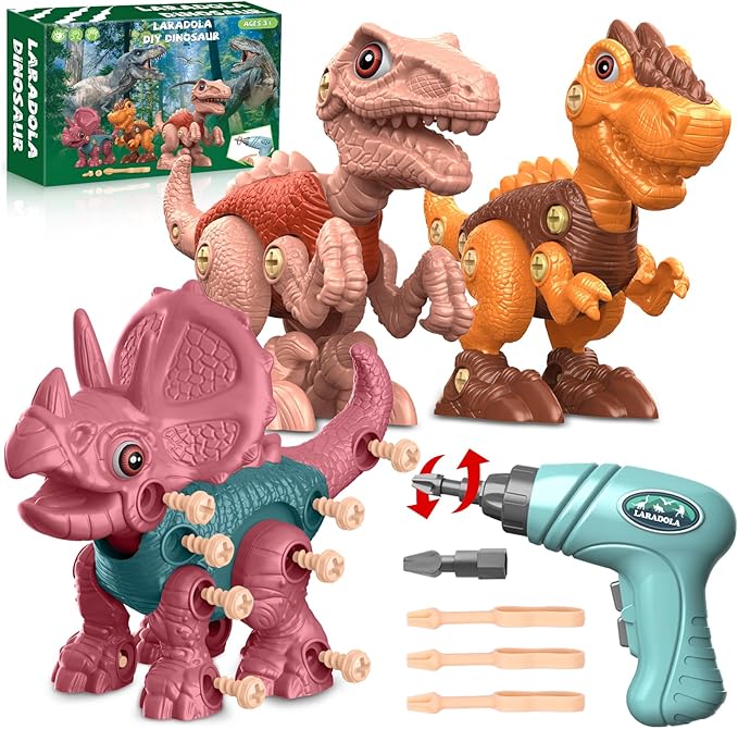 Laradola Assemble Dinosaur Toys for Kids: 3 Pack Dinosaur Construction Building Set with Electric Toy Drill & Screwdrivers - STEM Learning Hands-On Play Birthday Gift for Boys Girls Ages 3-5 5-7