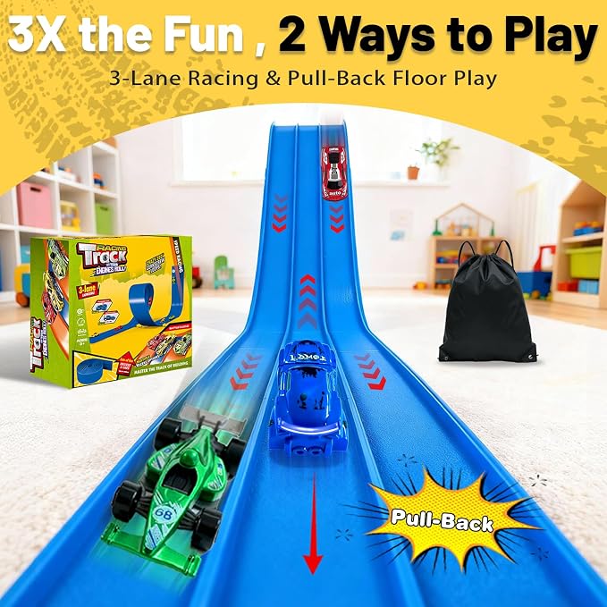 3-Lane Flexible Race Track for Kids - 20FT Flex Race Car Ramp Track with Strong Suction Cups, Rolls Up Portable DIY Racetrack Compatible with Hot Wheels & Diecast 1/64th Cars