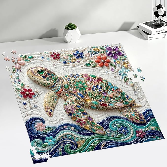 1000 Piece Puzzle for Adults, Crystal Sea Turtle Jigsaw Puzzles for Adults 1000 Pieces, Fun Challenging Family Puzzle with Letters on Back, Colorful Flower Ocean Puzzles for Family Game Night Gift