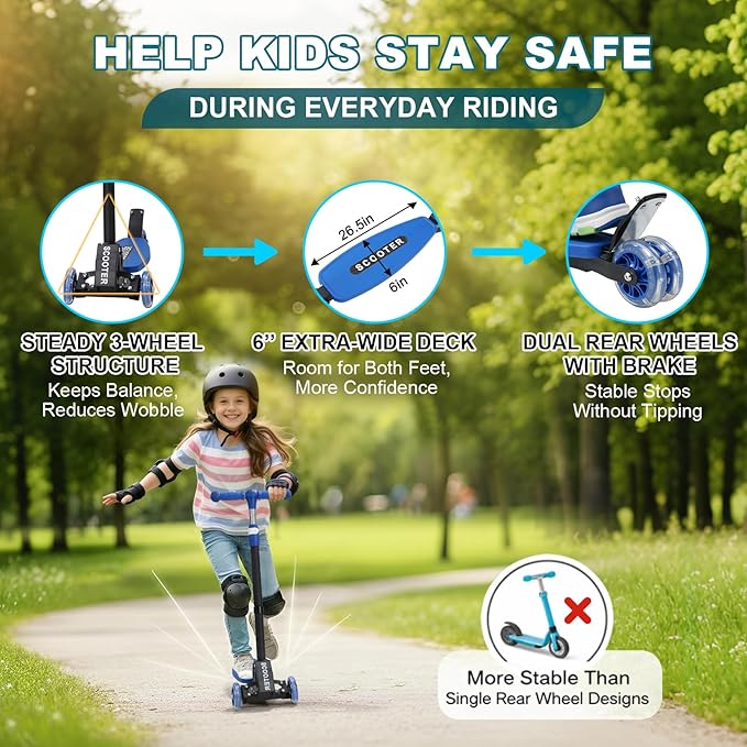 3 Wheel Kids Kick Scooter for Ages 3-12, Lean-to-Steer, Light-Up Wheels, 3-Level Adjustable Handlebar 27.5”-33”, Wide Non-Slip Deck, Dual Rear Brake,Travel Foldable, for Boys & Girls Toy Gifts