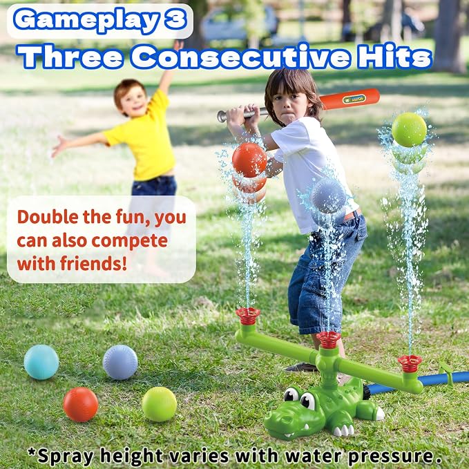 Intoypad 4-in-1 Kids Water Sprinklers T Ball Set & Water Ball Toy, Crocodile Baseball Sprinkler for Backyard Outdoor Summer Toys for Boys Girls Outside Yard Water Game Toys for Kids Toddlers Ages 3-8