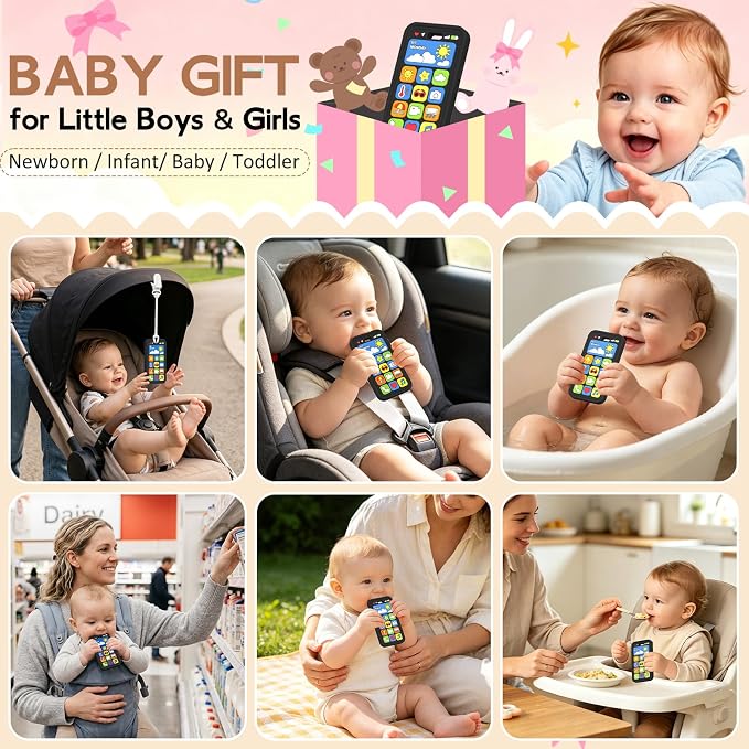 Baby Teething Toys Silicone Baby Phone Teether Over 3 Months - Sensory Chew Toys Baby Teether for Teething Relief - BPA Free Infant Toys Baby Shower Gifts (1, Black)