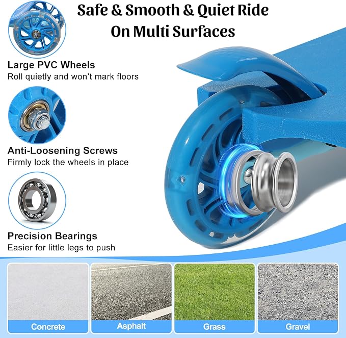Kick Scooter for Kids 4-8, 2 Light Up Wheels, Heavy Duty Scooter with 3 Height Adjustable Handlebars, Rear Break, Widen Anti-Slip Deck, Max Load 110 Lbs for Boys Girls Ages 3+, 4.7Lbs