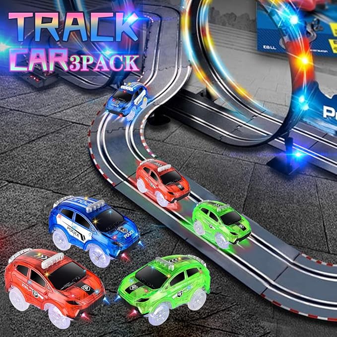 Tracks Cars Only Replacement, Flex Track Race Cars Glow in the Dark, Lights Up Glow Trax Trucks with 5 LED Flashing Light Compatible with Most Tracks for Kids(Red/Blue/Green)