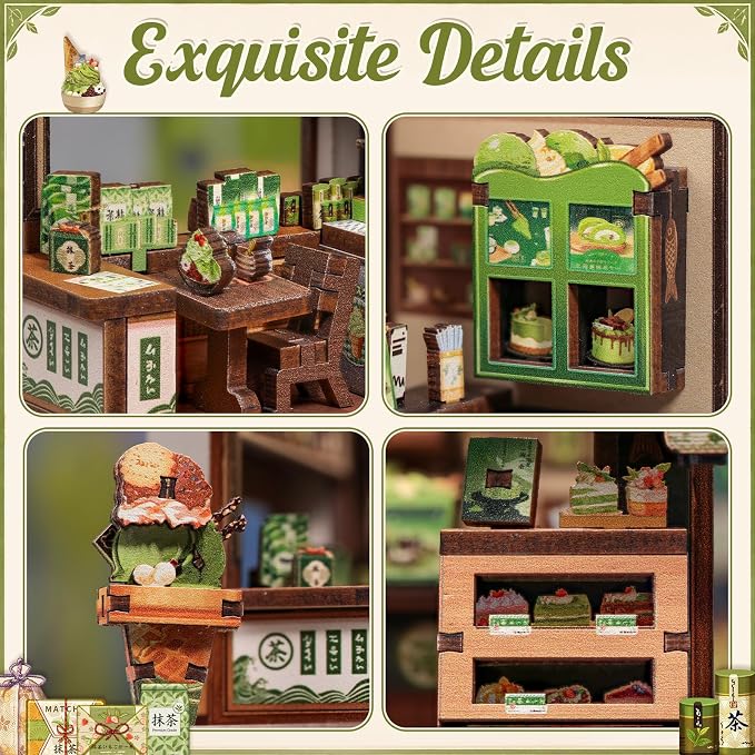 Cutefun DIY Miniature House Kit, 128 Pcs 3D Wooden Puzzle Tiny House Mini House Building Kit for Beginners & Teens, Palm-Sized Japanese Booknook Dollhouse for Bookshelf Decor (Kyoto Matcha Cottage)