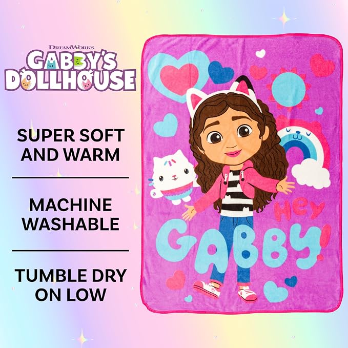Silver Buffalo Gabby's Dollhouse Cupcake, Hearts, and Rainbows Hey Gabby 45" x 60" Fleece Throw, Soft and Cozy Blanket, 180 GSM