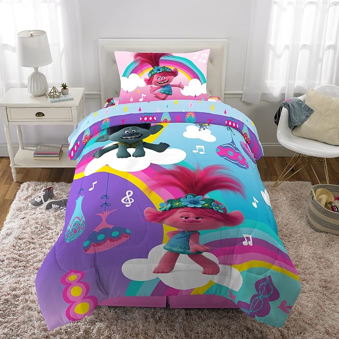 Franco Kids Bedding Super Soft Microfiber Comforter and Sheet Set, 4 Piece Twin Size, Trolls World Tour