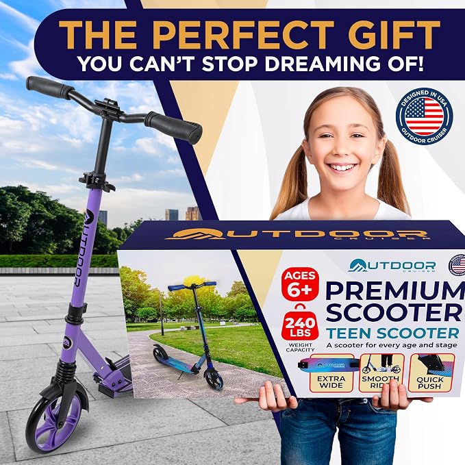 Outdoor Cruiser Kick Scooter for Ages 6+, for Kids, Teens, and Adults, Max Load 250 LBS, Foldable, 8-inch Big Wheels, Dual Suspension, 3 Adjustable Levels, Child Safety Approved, Purple