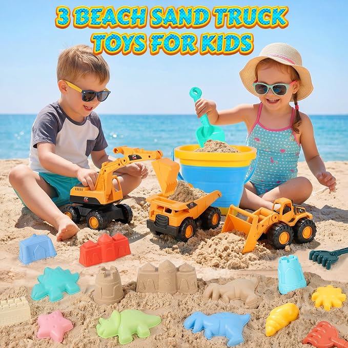 Beach Toys for Kids 35PCS Sand Toys with 3 Collapsible Bucket,3 Dump Truck,Beach Shovel,Sand Castle Building Kit,Ocean Molds,Dinosaur Sand Molds, 2 Mesh Bag,Toddler Beach Essentials for Kids 3-10