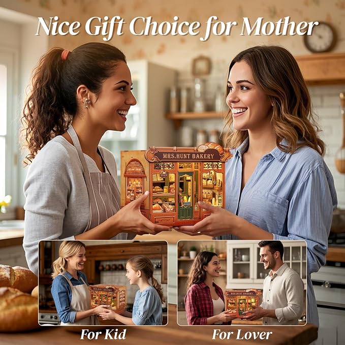 Cutefun Book Nook Kit - DIY Miniature Bread Shop Booknook Kits for Adults and Teens, 3D Wooden Puzzle Bookend Bookshelf with LED Light, Creative Crafts Gifts for Book Lovers (Mrs.Hunt Bakery)