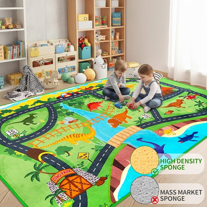 Car Rug Play Mat,4'11" x 6'7" Dinosaur Park Road Car Mat for Kids,Non-Slip Dino Car Track Rugs for Kids Toy Cars,Educational Kid Road Playmat Rug for Playroom Bedroom Kid Room(for Age 2+)