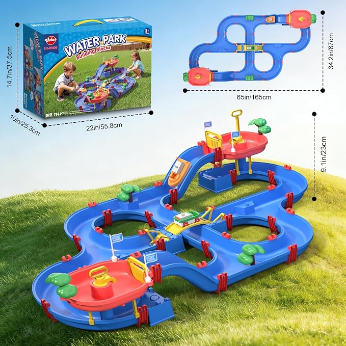VATOS 2-Tier Toddlers Water Table Toy, 114 PCS DIY Dual-Basin Water Pump, Summer Outdoor Water Toys Backyard, Beach, Balcony, Garden Fun Water Playset for Girls, Boys 3-5 Years Old Pets Families