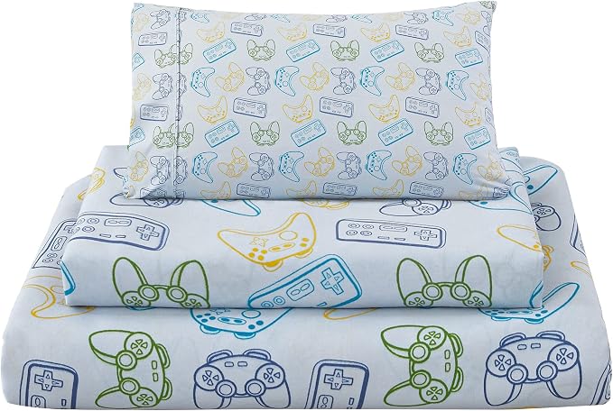 Viviland 3 Pieces Boys Grey Twin Sheet Set - Soft Microfiber Fitted Flat Sheets & Pillowcase - Game Player Paddle Printed Bedding Sets - for Kids & Toddlers